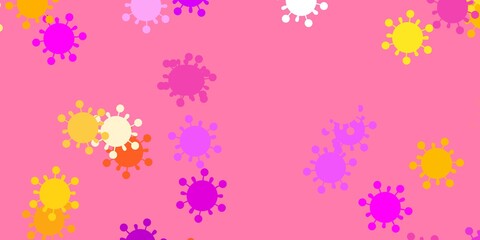 Fototapeta na wymiar Light pink, yellow vector backdrop with virus symbols.