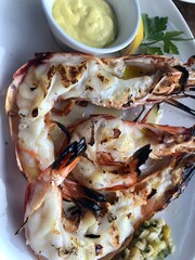 Grilled fresh tiger prawns with lemon mayonnaise sauce