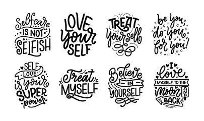 Set with selfcare lettering quotes for blog or sale. Time to something nice. Beauty, body care, premium cosmetics, delicious, ego. Modern calligraphy. Vector design prints