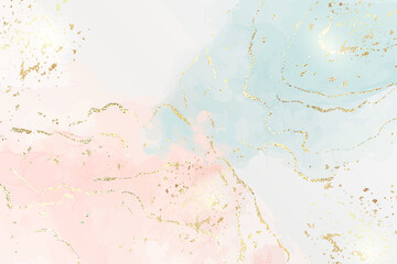Abstract two colored pink and blue liquid marble background with gold foil textured stripes and glitter dust. Pastel marbled watercolor drawing effect. Vector illustration backdrop with gold splatter