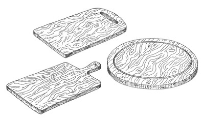 Set wood rectangular and cutting board. Vintage vector hatching monochrome black illustration.