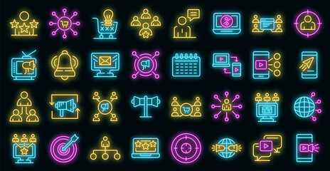 Remarketing icons set. Outline set of remarketing vector icons neon color on black