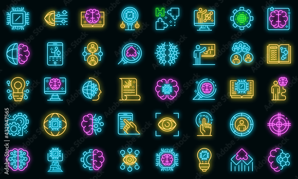 Poster machine learning icons set. outline set of machine learning vector icons neon color on black