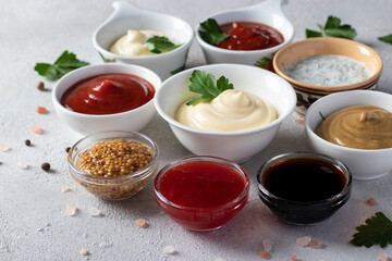 Set of sauces - ketchup, mayonnaise, mustard, soy sauce, barbecue sauce, tartar, mustard seeds, cranberry sauce and sour cream with dill on a light gray background