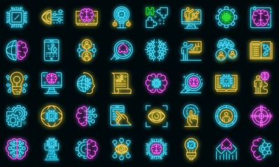 Machine learning icons set. Outline set of machine learning vector icons neon color on black © ylivdesign