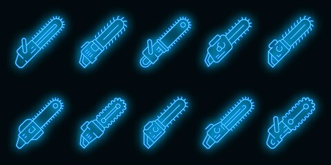 Fototapeta na wymiar Chainsaw icons set. Outline set of chainsaw vector icons neon color on black