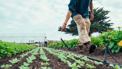 farmer working in his vegetable garden, removing or moving the water sprinklers, for an ecological and sustainable vegetable garden, caring for the environment and caring for the water.