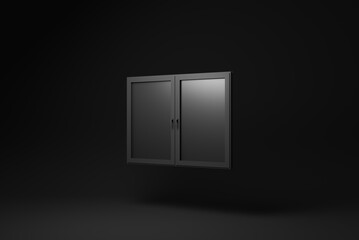 Black window floating on black background. minimal concept idea. monochrome. 3D render.