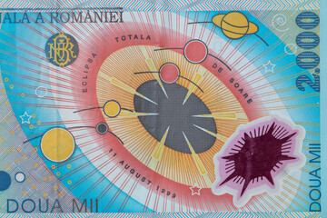 Fototapeta na wymiar Fragment of 2000 Romanian lei banknote, 1999 Series - polymer