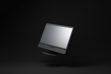 Black computer monitor floating on black background. minimal concept idea. 3d render.