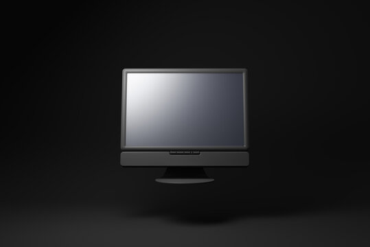 Black computer monitor floating on black background. minimal concept idea. 3d render.