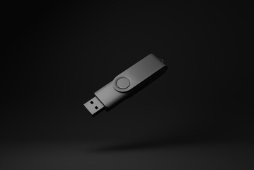 Black USB flash drive floating on black background. minimal concept idea. Pastel colors. 3d render.