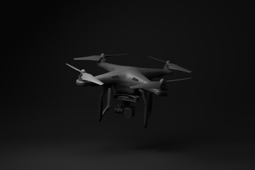 Fototapeta na wymiar Black drone quadcopter with digital camera floating on black background. minimal concept idea. monochrome. 3d render.