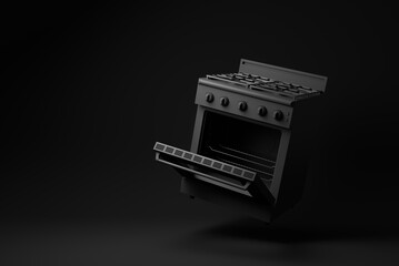 Black Empty open electric oven floating on black background. minimal concept idea. monochrome. 3d render.