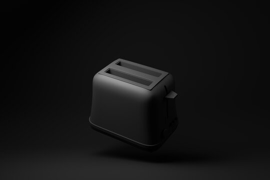 Black toaster floating on black background. minimal concept idea. monochrome. 3d render.
