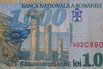 Closeup of 1000 Romanian lei banknote, 1996 Series - paper