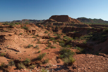 Sierra de las Quijadas National Park landscape. Panorama view of the arid desert, red sandstone, canyon and hills.