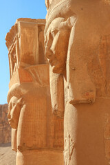 Hathor headed columns at Mortuary Temple of Hatshepsut, or Djeser-Djeseru, near Valley of the Kings, Upper Egypt 