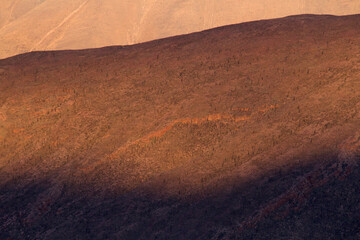 Natural background. View of the brown arid mountains at sunset. The mountain range texture and shadows.