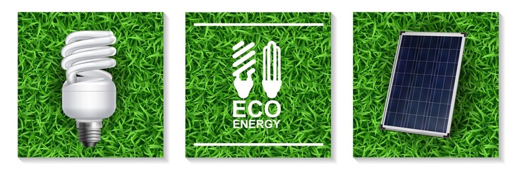 Realistic Eco Energy Modern Concept With Energy Saving Lamp Solar Panel Grasss Illustration