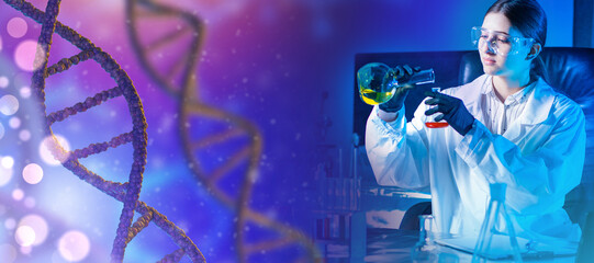 A geneticist and a DNA helix. A geneticist works with human DNA. Chromosomal analysis. Human genome...