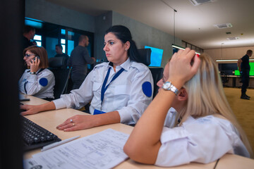 Fototapeta premium Female security guards working on computers while sitting in the main control room