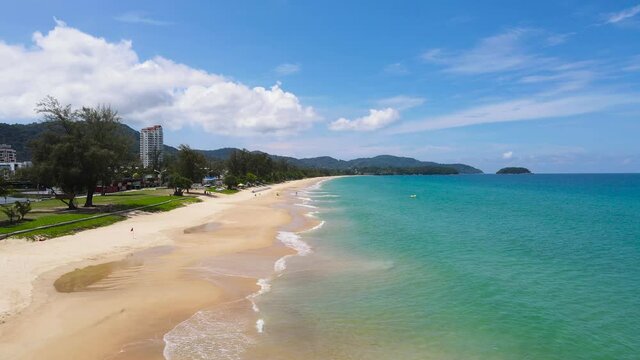 Phuket beach sea travel trip. After covid-19. Phuket Thailand. Aerial view over Tropical beach sea. Aerial landscape ocean sea. Cora under water landscape. New normal after covid-19.