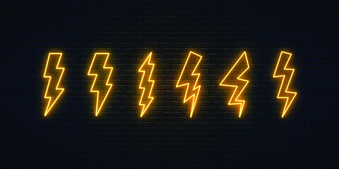 Neon lightning bolt set. Six high-voltage thunderbolt neon symbols. Thunder and electricity sign. Banner design, bright advertising signboard elements. Vector illustration. Electric discharge. - obrazy, fototapety, plakaty