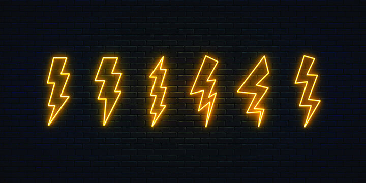 Neon lightning bolt set. Six high-voltage thunderbolt neon symbols. Thunder and electricity sign. Banner design, bright advertising signboard elements. Vector illustration. Electric discharge.