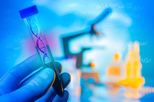 Genetic tests. Laboratory test tube with a picture of DNA. Abbreviations of hereditary diseases. The study of human genetic characteristics. Chromosomal analysis.