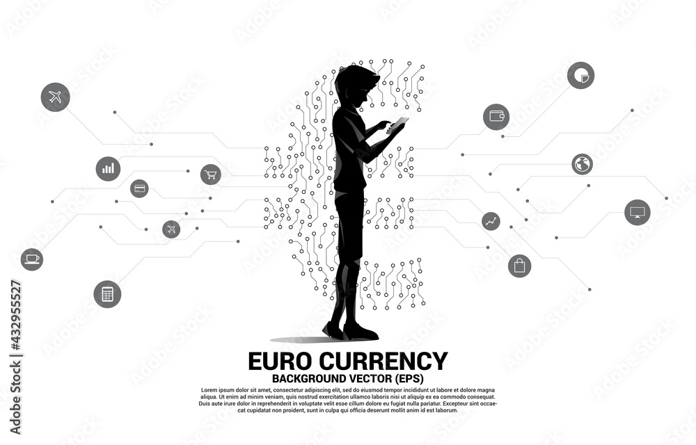 Poster man with mobile phone and euro currency money icon from circuit board style dot connect line. Concept for europe financial network connection.