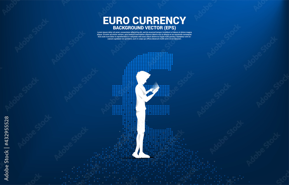 Poster Vector silhouette man use mobile phone with money euro currency icon from pixel transform. Concept for digital financial network connection.