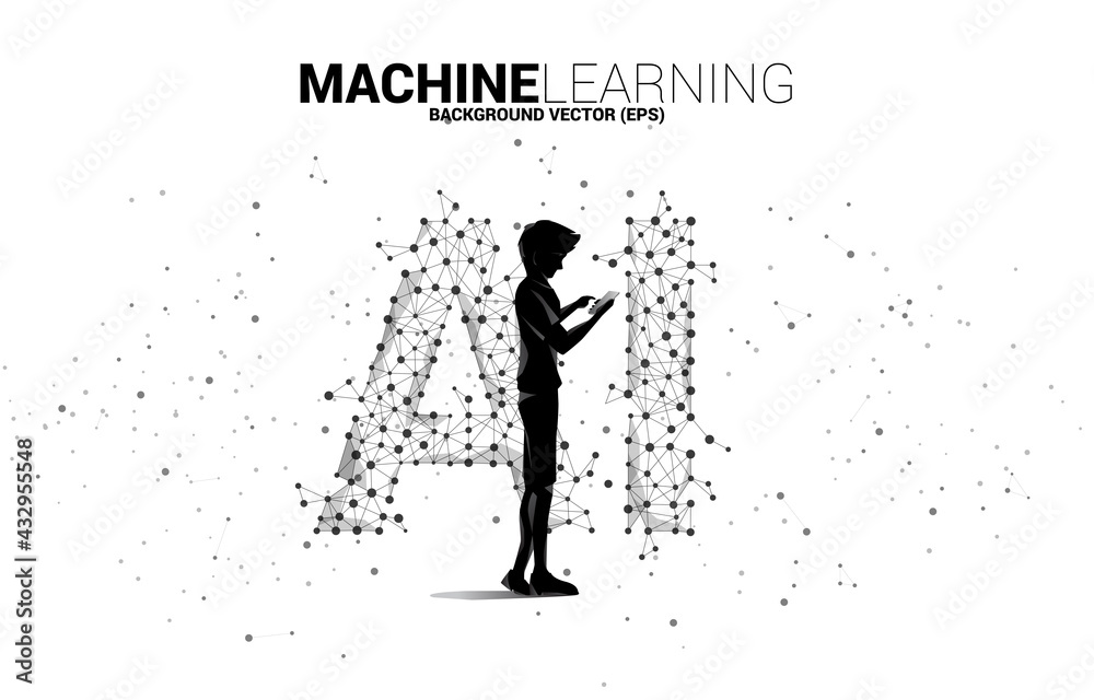 Poster Vector silhouette man use mobile phone Polygon dot connect line shaped AI. Concept for machine learning and artificial intelligence.