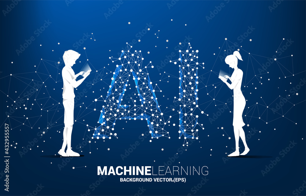 Poster Vector silhouette man and woman use mobile phone Polygon dot connect line shaped AI. Concept for machine learning and artificial intelligence.