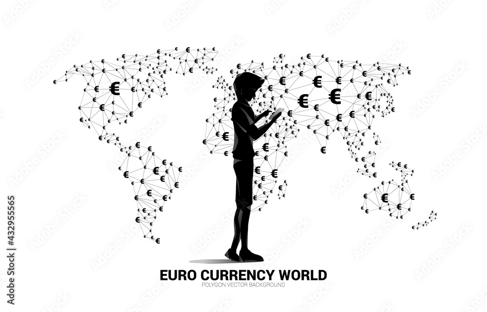 Poster silhouette man use mobile phone world map with money and euro currency icon polygon dot connected li