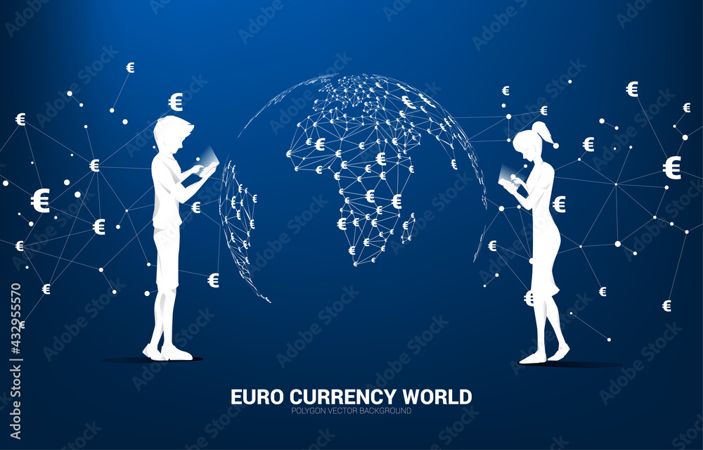 Poster silhouette man and woman use mobile phone and globe with money euro currency icon polygon dot connec