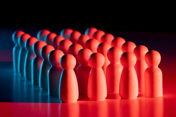 Little men without individual traits are arranged in a strict order. Hierarchy in society. Straight...