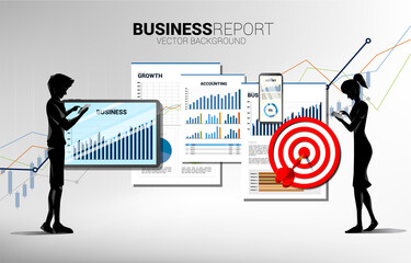 man and woman with mobile phone and business report in tablet and mobile phone with paper and dart target. Concept for marketing plan and business report on mobile