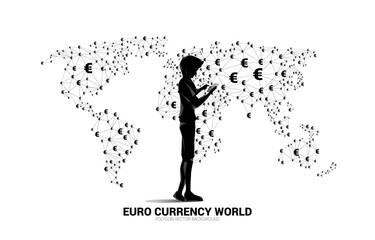 silhouette man use mobile phone world map with money and euro currency icon polygon dot connected line. Concept for financial network connection technology in euro zone.
