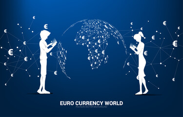 silhouette man and woman use mobile phone and globe with money euro currency icon polygon dot connected line. Concept for financial network connection technology in euro zone.