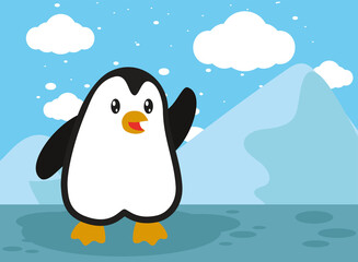 penguin in front of icebergs