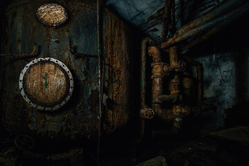 Old rusty vat and pipes in underground basement
