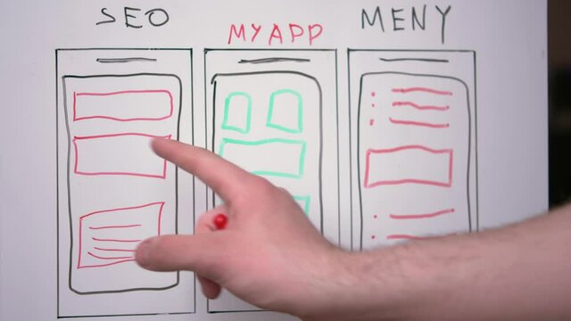 The hand of a young white guy is writing on a white magnetic board the concept of application development, the concept of teaching work and learning at a distance