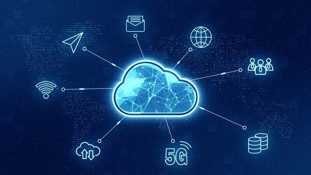 Motion graphic of Blue cloud computing storage connection and data transfer to multi devices futuristic technology abstract background