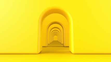 Yellow arch hallway corridor abstract background minimal conceptual 3D rendering. 3Dillustration. 3D CG.