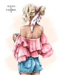 Fashion blond hair girl back. Fashion look. Stylish girl in jeans shorts. Blonde holding paper coffee cup. Woman with beautiful hairstyle. Fashion illustration.