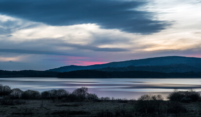 Fototapeta premium Beautiful SVlasina lake Blue Hour Sunset, long exposure. Semi-artificial lake in Southeast Serbia