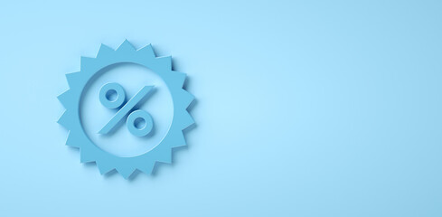 Percentage icon on blue background with copy space. Sales concept. 3d render