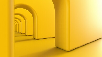 Yellow arch hallway corridor abstract background minimal conceptual 3D rendering. 3Dillustration. 3D CG.
