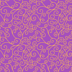 Feminine decorative seamless pattern. Abstract elegant yellow spiral swirls on purple background. Fantasy floral tendril texture. Rounded curls print. Simple graphic, surface, fabric, textile design.